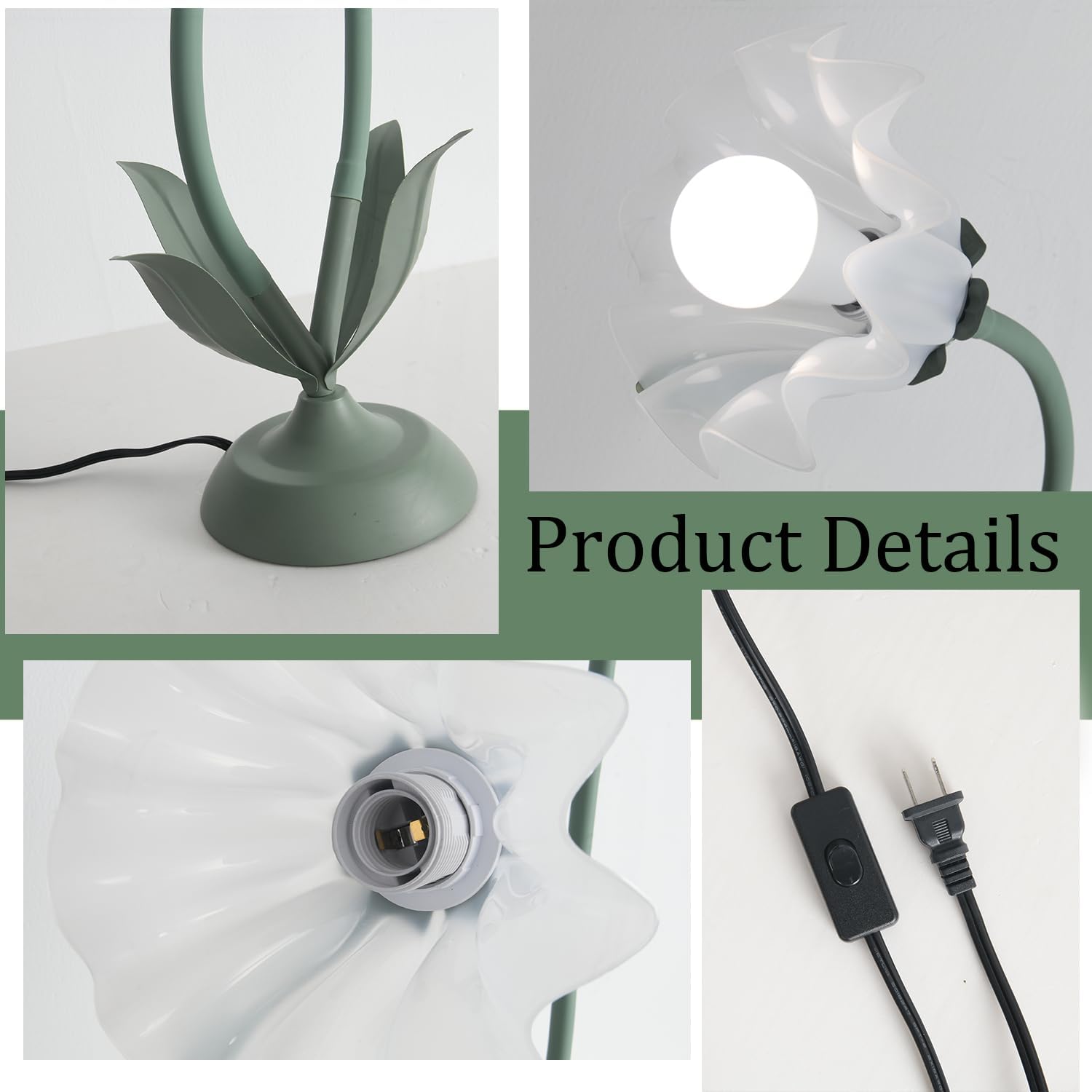 Vintage Flower Table Lamp Cute Lily Bedside Table Lamps, 3 Colors Modes Flower Desk Lamp Bedroom Green Floral LED Reading Light, E26 Bulbs Adjustable Flexible DIY Floral Nightstand Light Decor