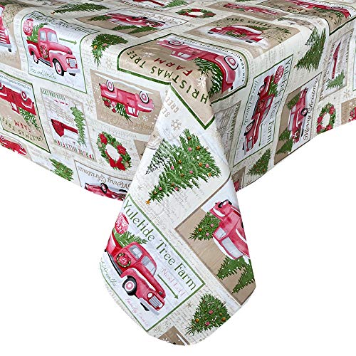 Buy 1 get 1 🔥 Newbridge Yuletide Christmas Tree Farm Flannel Back Vinyl Christmas Tablecloth - Nostalgic Barn and Truck Print Xmas Wipe Clean Easy Care Dining Room Tablecloth, 60” x 120” Oblong/Rectangle