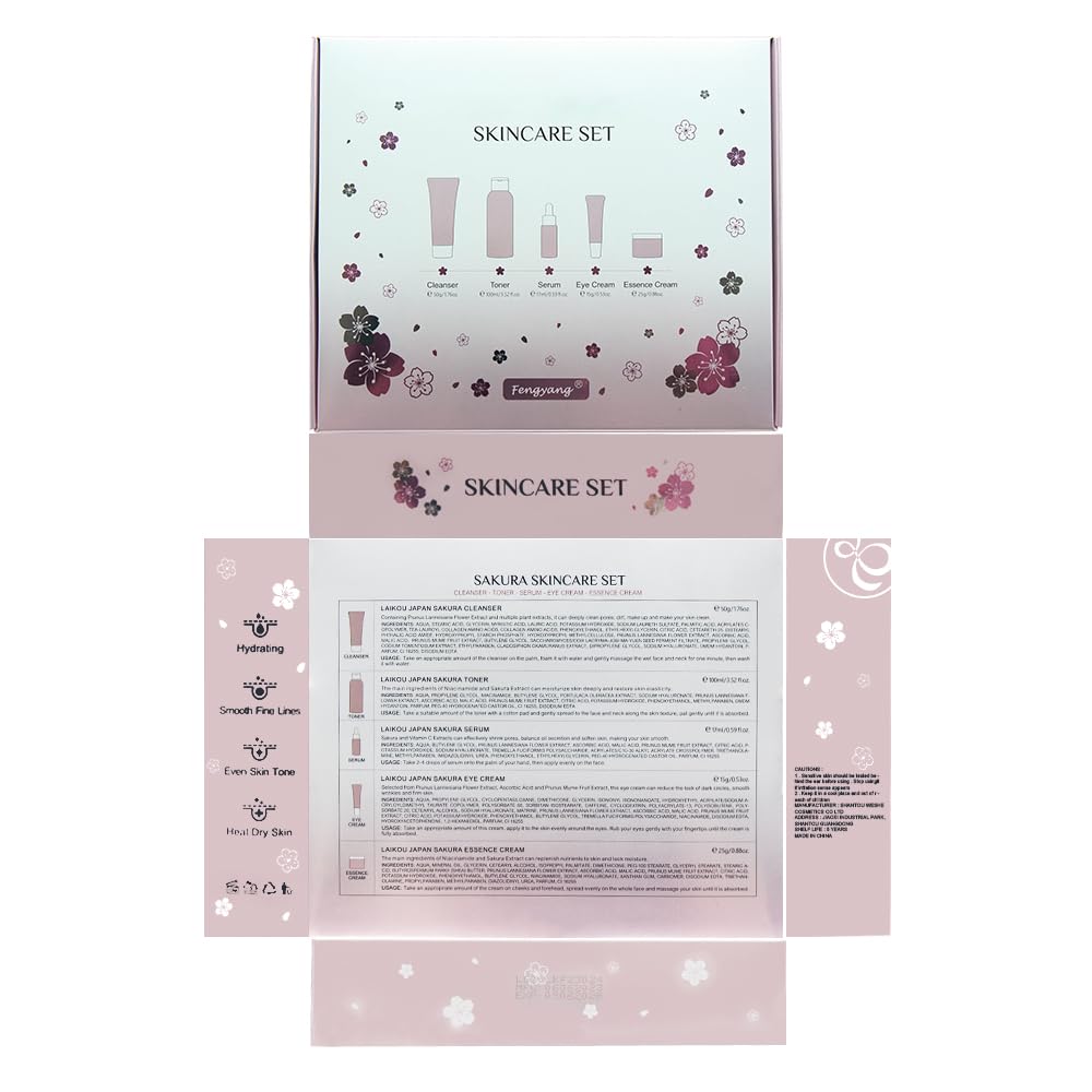 Fengyang ®Set per la Cura Della Pelle Sakura,Cura Della Pelle Viso,5pcs Set Regalo per la Cura Della Pelle,Con Detergente,Toner,Crema Occhi,Siero,Crema,Regalo per Adolescenti Ragazze Signora(5Pcs)