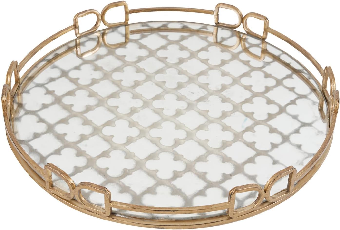 Elegante Bandeja Decorativa Art Nouveau De 45 Cm con Base De Cristal Y Marco Geométrico Dorado: Una Elegante Bandeja Redonda para Servir, Ideal para La Decoración del Hogar O como Centro De Mesa.