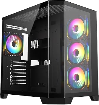 CiT DS360 Gaming PC Case ATX Mid Tower, 4 ARGB Fans, Computer Case, Black | Panoramic dual-chamber ATX mid tower gaming case with 4 ARGB fans, a 360mm radiator mount and space for up to 10 fan slots