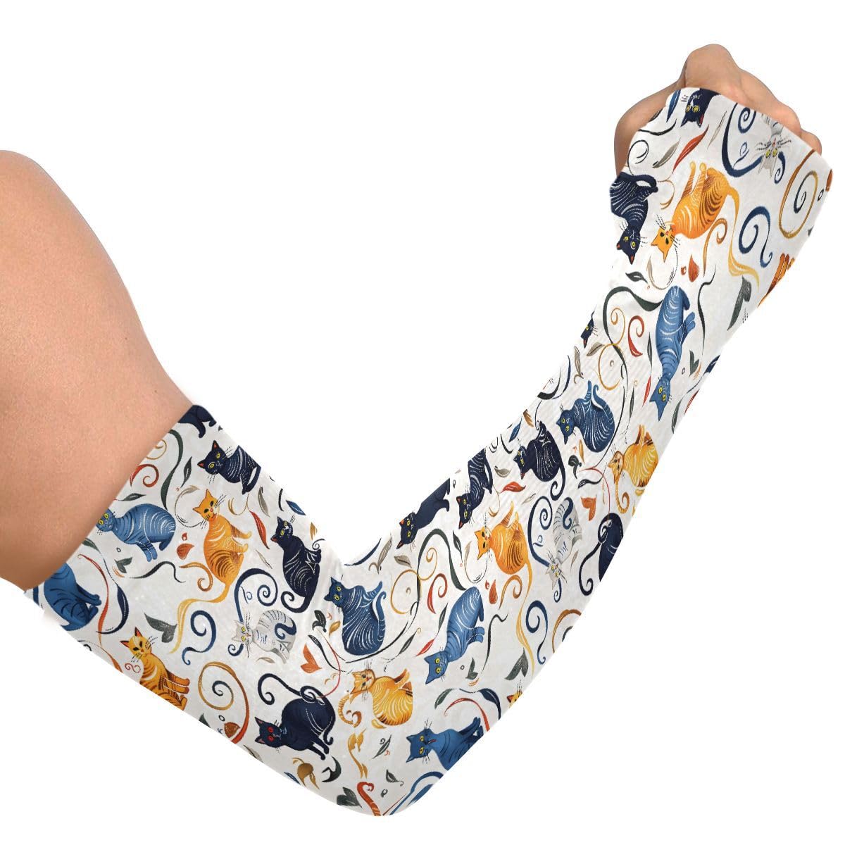 ALAZA Cat Kitten White Floral Gardening Sleeves Cooling Arm Sleeves Sun Protection Thumb Hole Arm Covers for Women Men