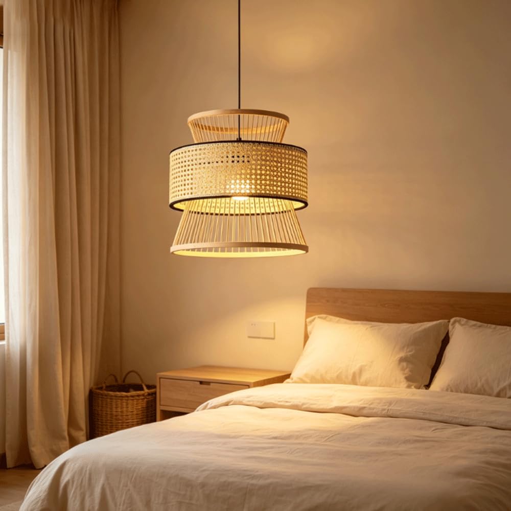 Lámpara Colgante De Bambú Y Ratán Tejido Estilo Bohemio Rústico Para Techo, Ideal Para Sala De Estar, Comedor, Isla De Cocina, Cafetería O Porche. Cable Ajustable, Casquillo E27. Lámpara