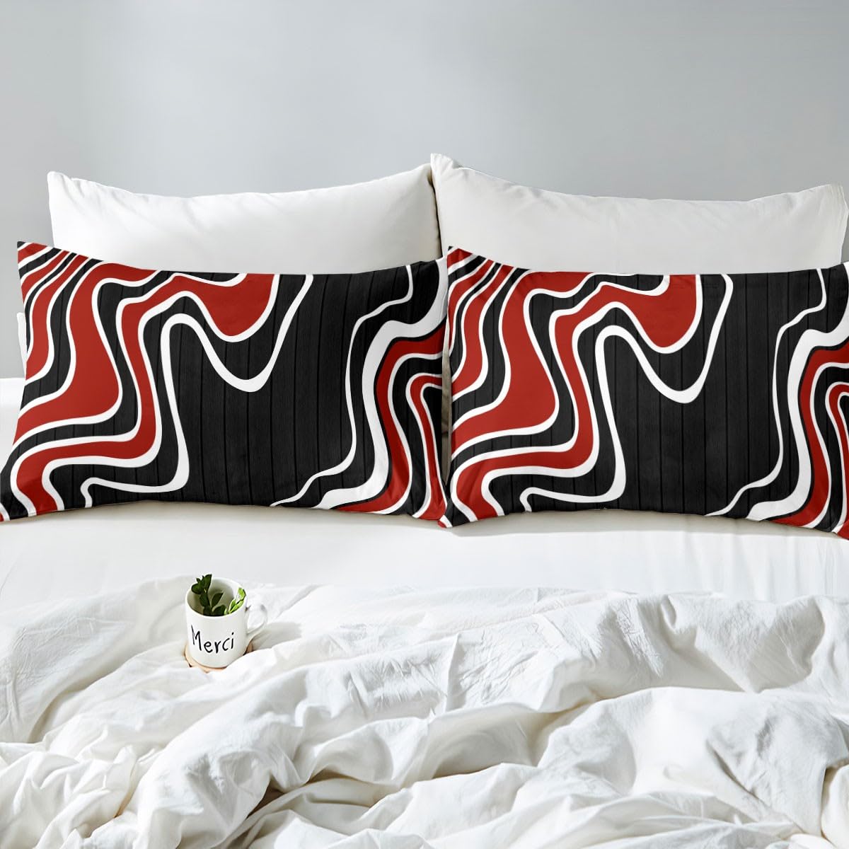 Set Piumino Geometrico Onde Bianco Rosso Nero – 200x200 Cm Con 2 Federe, Microfibra Morbida Per Bambini E Adulti