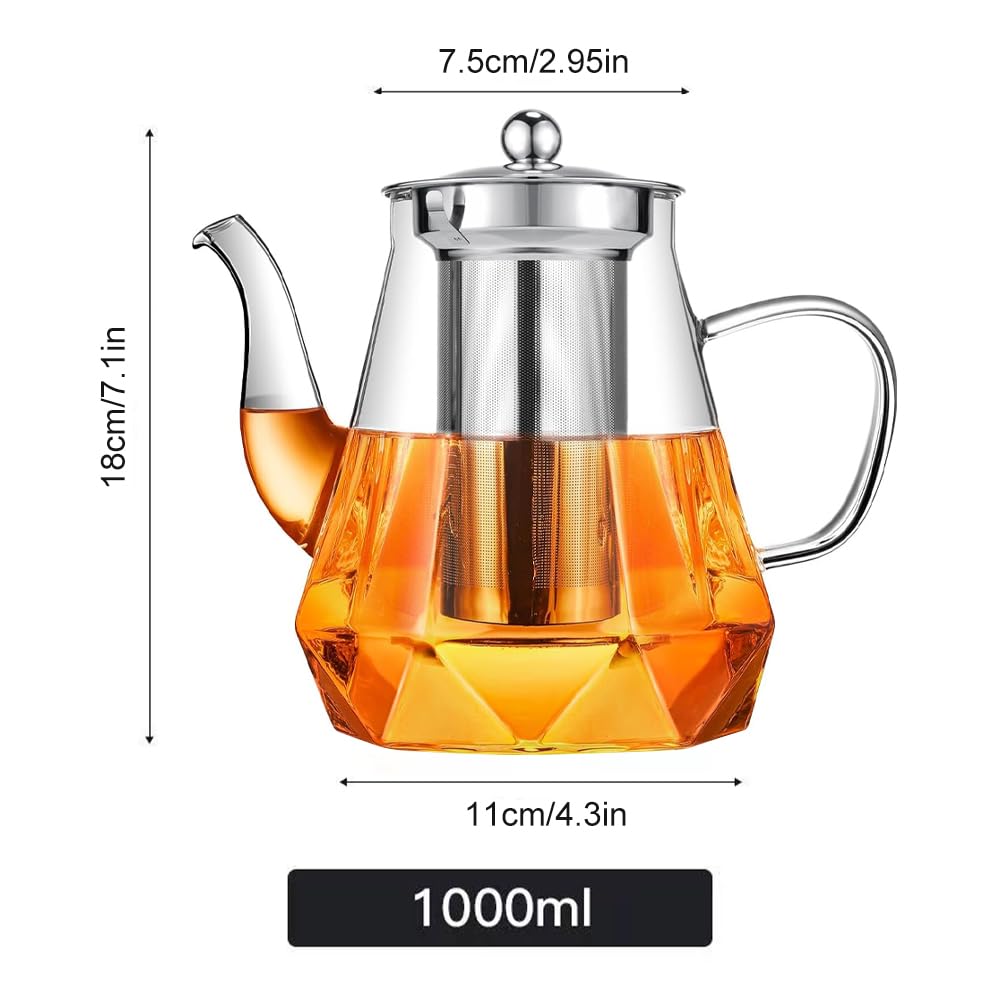 Teiera, teiera in vetro, teiera con colino, teiera in vetro resistente al calore, 1 l, teiera in vetro antigoccia, per tè e fiori di tè, incluso setaccio fine (1000 ml)