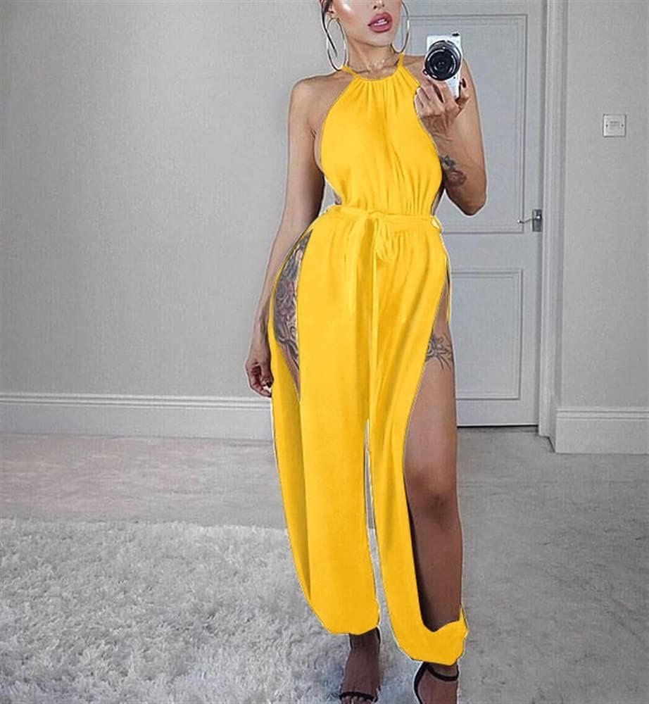 2023 Damski Seksowny Kombinezon Do Klubu Nocnego Eleganckie Pajacyki Bez Rękawów Z Odkrytymi Ramionami Szerokie Nogawki Rozcięte Długie Spodnie Stroje Imprezowe, Yellow, XL