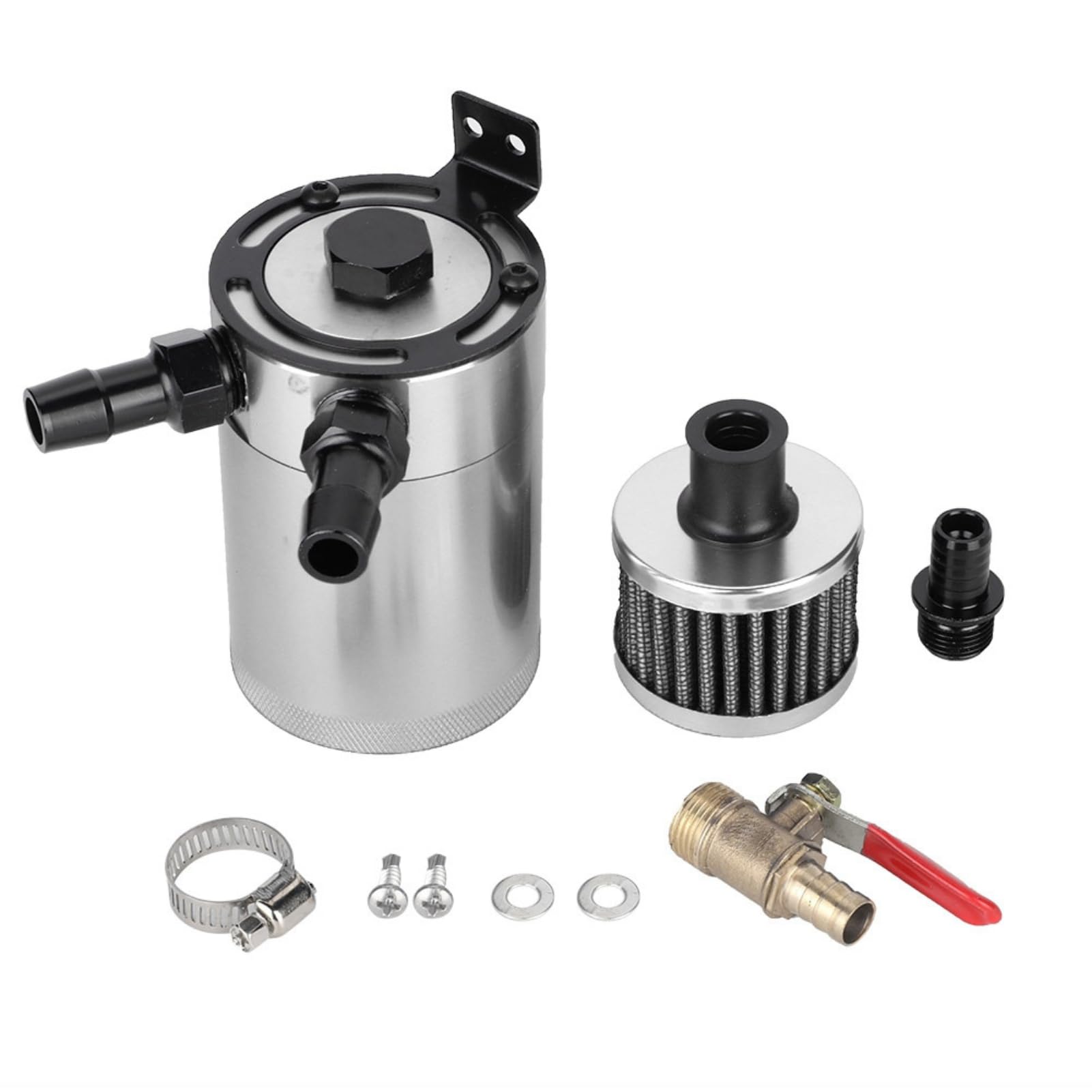 VOBOR Decantador Aceite Coche, Universal Aluminium Alloy Motor Aceite Olla Oil Catch Can, Kit De Lata De Captura De Aceite, Depósito de Aceite con Filtro de Aire (Plata)