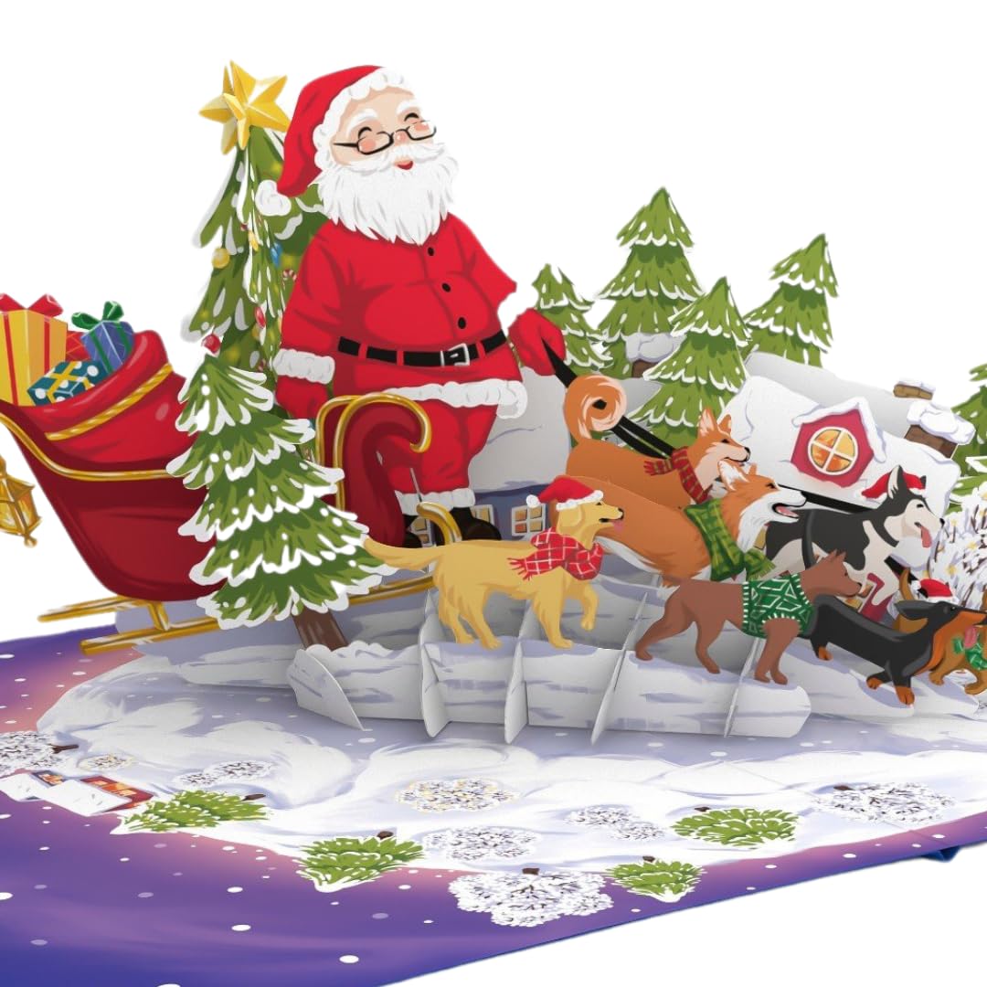Santa's Sleigh with Adorable Dogs Christmas 3D Special Pop Up Greeting Card for Daughter Son In Law Husband Wife Brother Sister Mum and Dad Family Holiday Pop-up