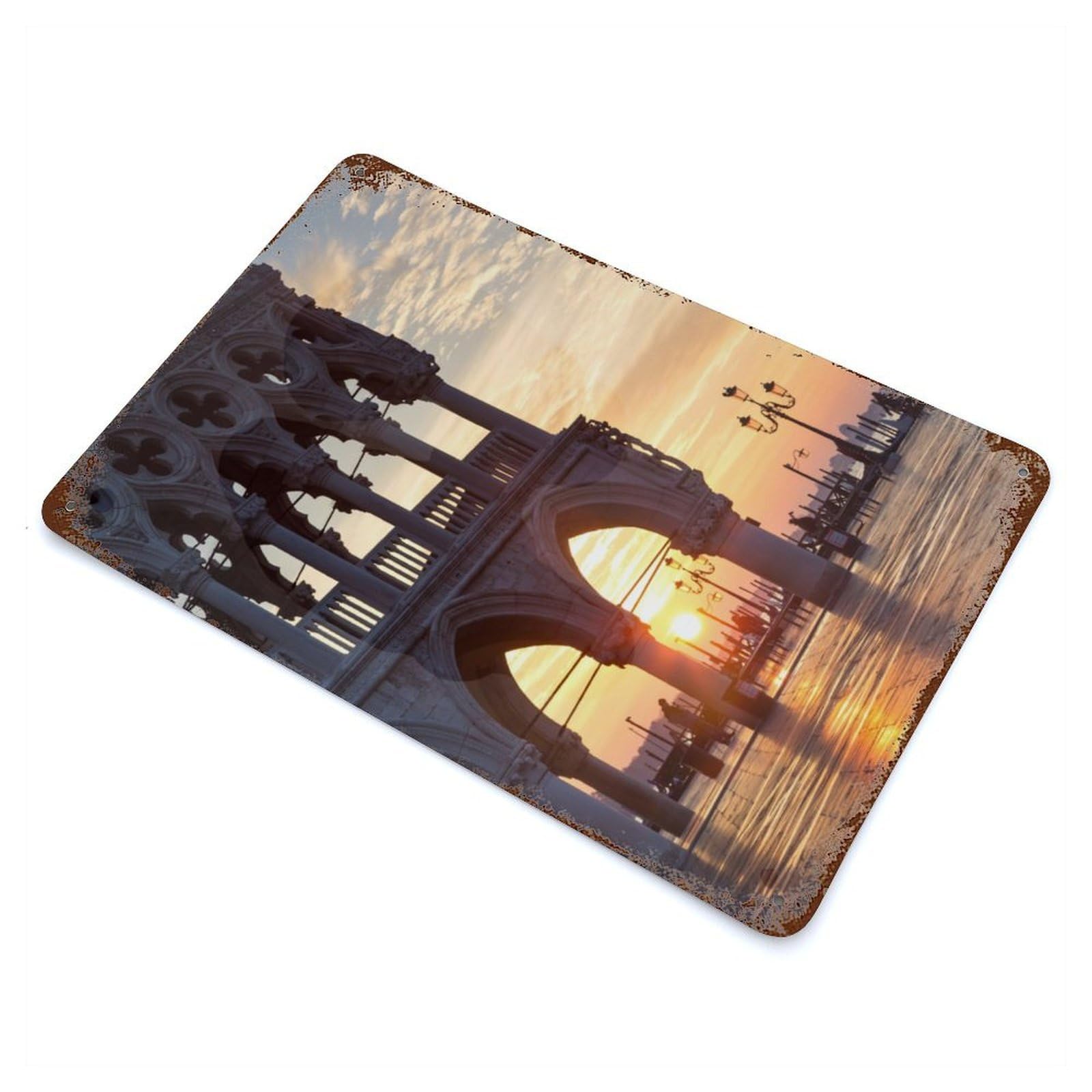 Aged Metal Wall Plaque with Sunrise in Venice Italy Design 11.8"x7.9", for Cafe, Home Bar And Lounge Decor, Novelty Wall Decor
