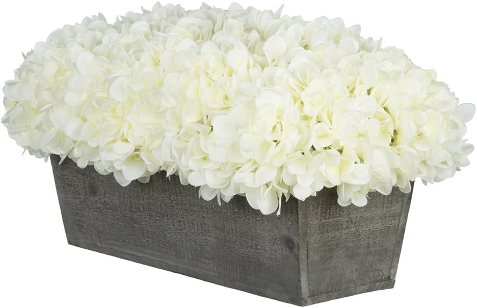 House of Silk Flowers Artificial Hydrangeas in Grey-Washed Wood Ledge (White)
