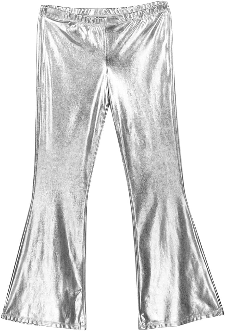 Freebily Mens Shiny Metallic Holographic 70's Disco Pants Flare Bell Bottom Long Trousers Costume