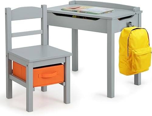 Miniatura 29 de HONEY JOY Juego de mesa y silla para niños, escritorio y silla de madera con cajón, soporte para rollo de papel y 2 rotuladores, juego de mesa de