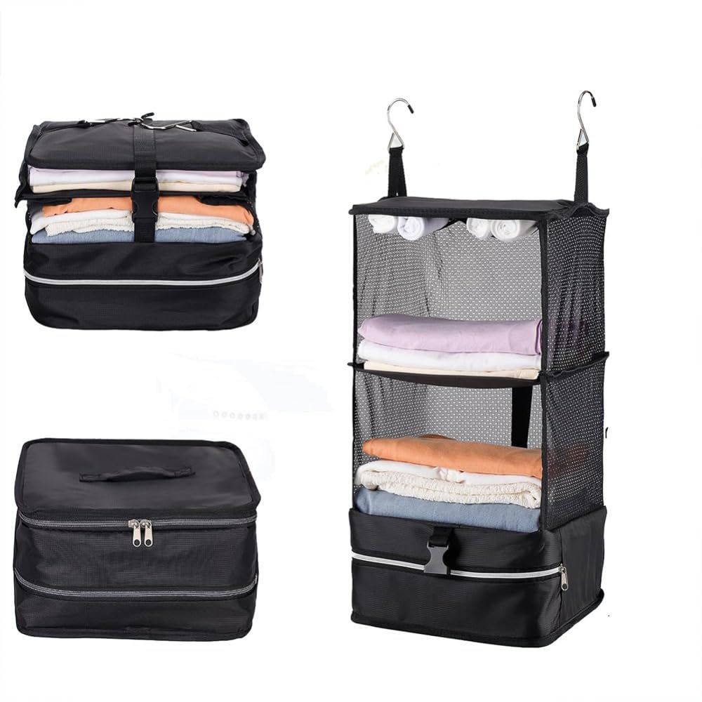 Hapihom Black Medium Storage Bag Hanging Travel Organiser Shelves,3-Shelf Suitcase Packing Cube Collapsible Hanging Closet Storage Bag For Wardrobe Suitcase,Expandable Luggage Packing Cubes Black Medium