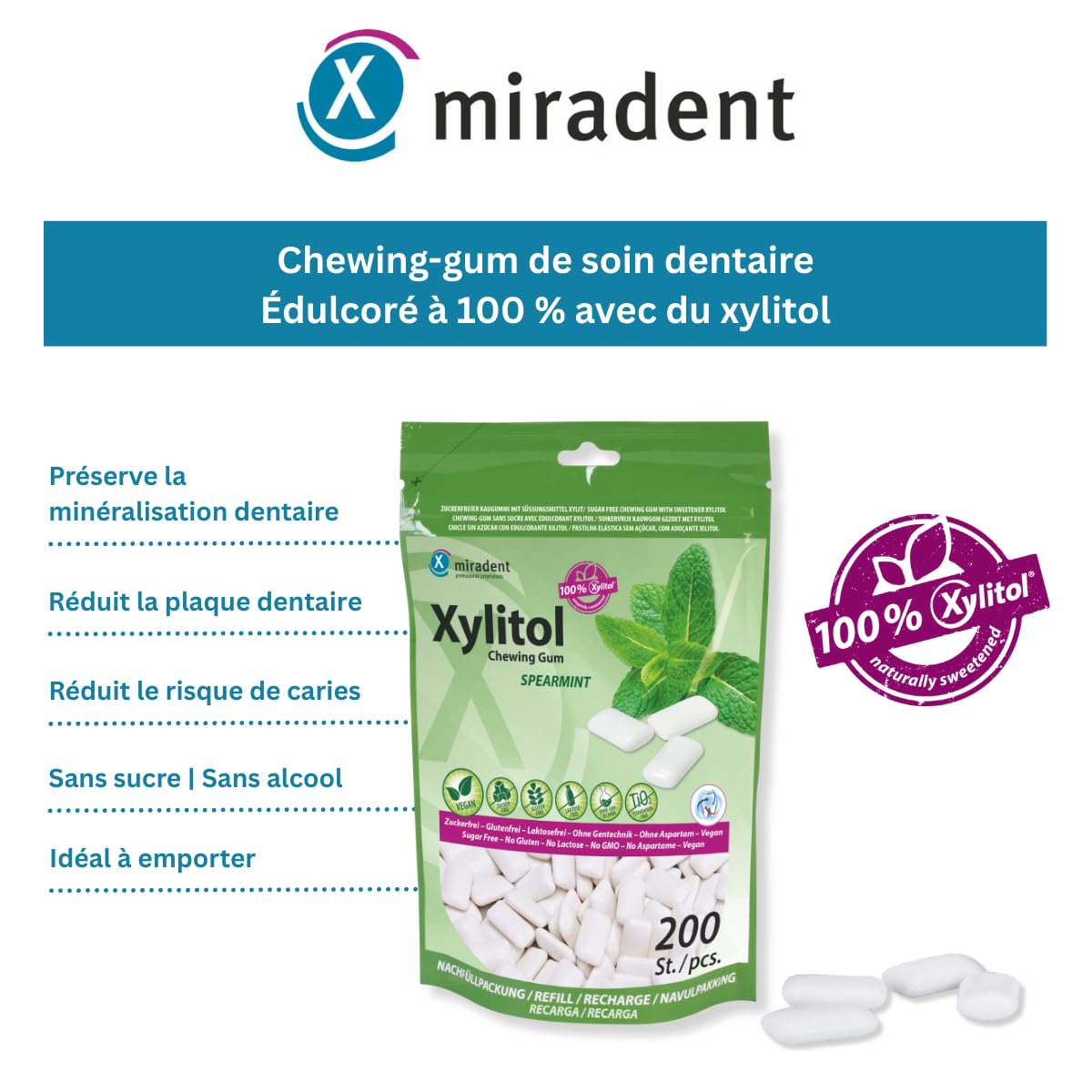 Miradent Chewing-gum dentaire au xylitol Pack économique 200 pcs goût Spearmint sans sucre vegan