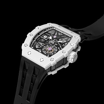 TSAR BOMBA Men's Automatic Watch Mechanical Tonneau Luxury Skeleton Watches for Men 50M Waterproof Analogue Work Mens Wrist Watch Unique Cool Design Square Silver Big Face Wristwatch Silicone Strap