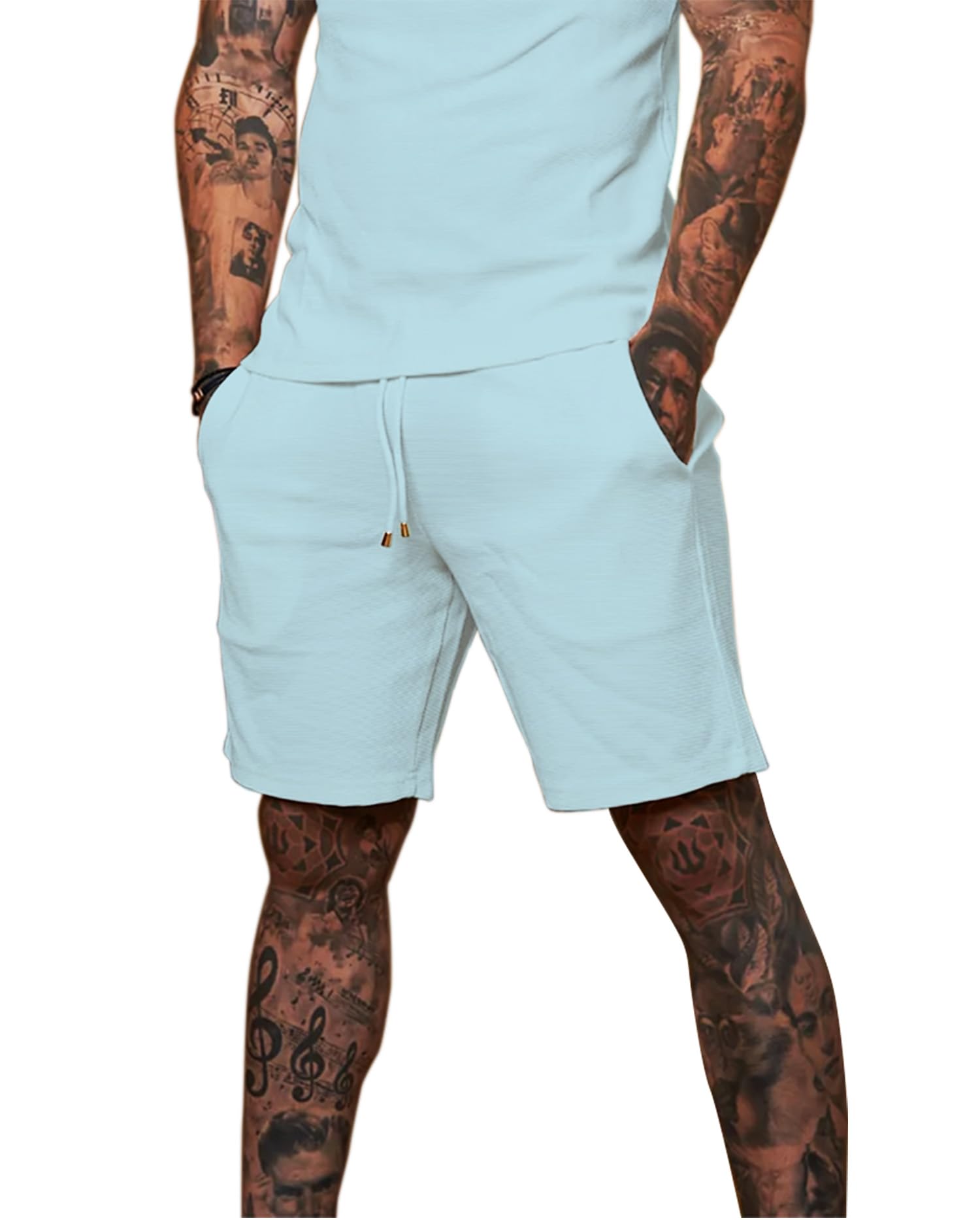 Redqenting Mens 8" Casual Sweat Shorts with Pockets,Drawstring Athletic Shorts Waffle Lounge Summer Shorts (Size28~40)