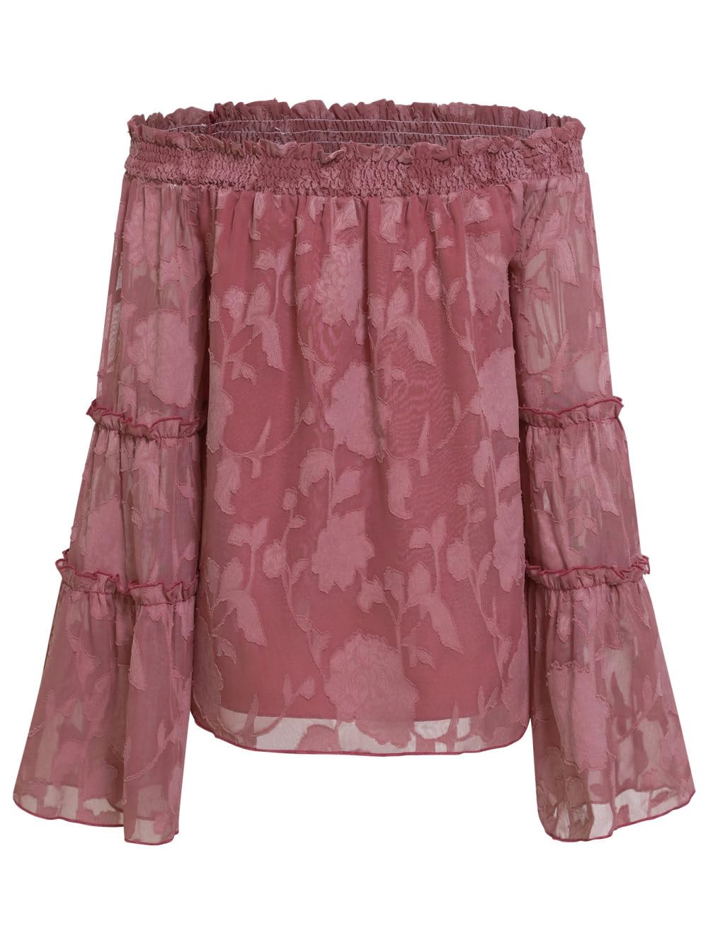 Top Femme Sexy,Chemisier Décontracté pour Femme À Épaules Dénudées Pull Chemise Rose Foncé en Mousseline De Soie Pivoine Jacquard Floral Sexy Évasé À Manches Longues Chemisier Élégant TR