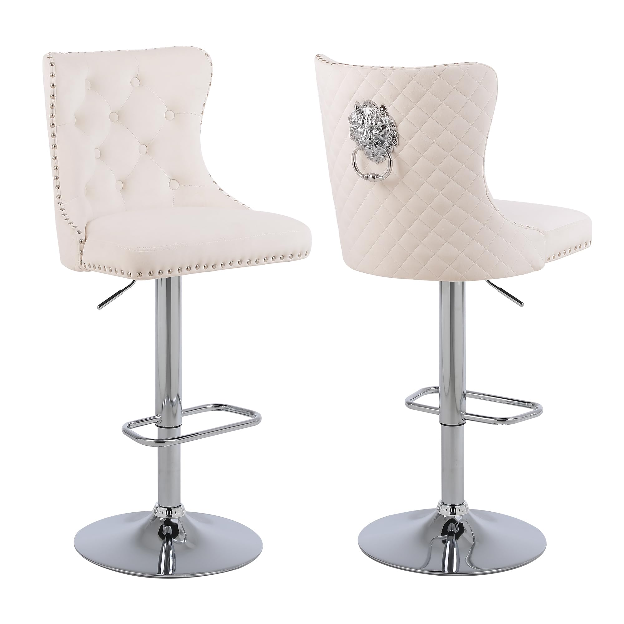 Velvet Bar Stool Set of 2 with Lion Pull Ring, Cream