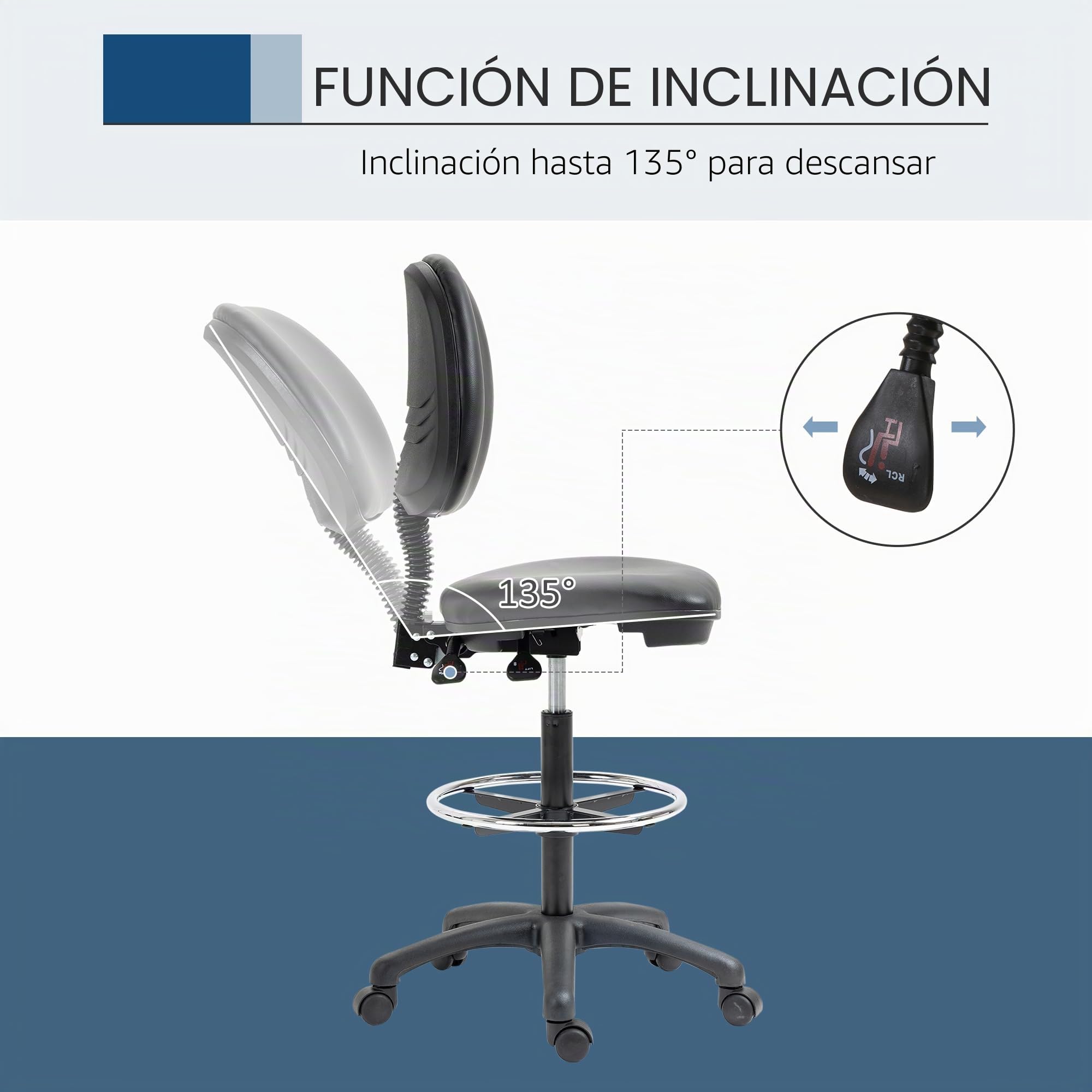 Vinsetto - Taburete giratorio ajustable en altura de 69-91 cm, respaldo reclinable y reposapiés ajustable