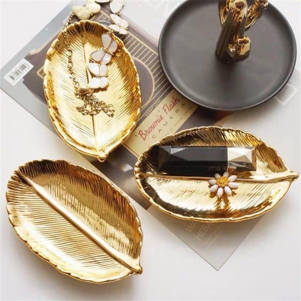 Leaf Shape Gold Metal Storage Tray Jewelry Storage Service Display Tray Home Storage Metal Home Decorations (Gold 14.8 * 9cm)