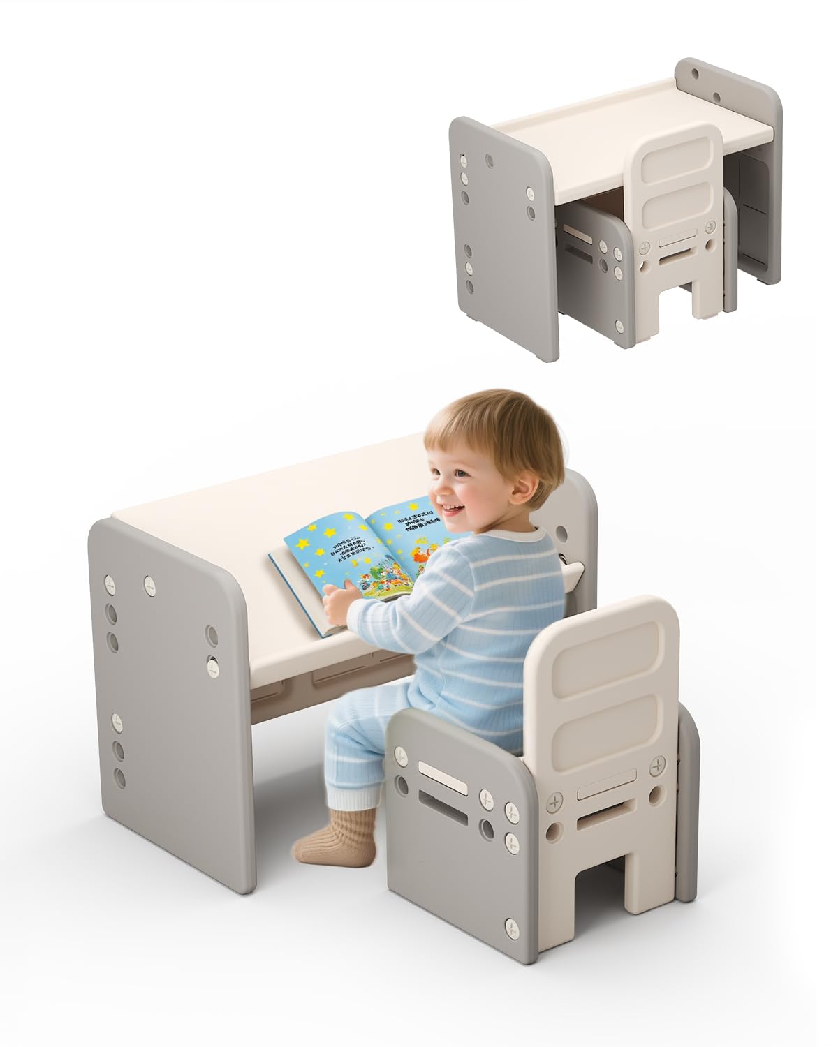 Kindertisch und Stuhl Set für Kinder, Aktivitätstisch mit Geneigter Tischplatte zum Malen, Lesen, Schreiben und Spielen(Grau)