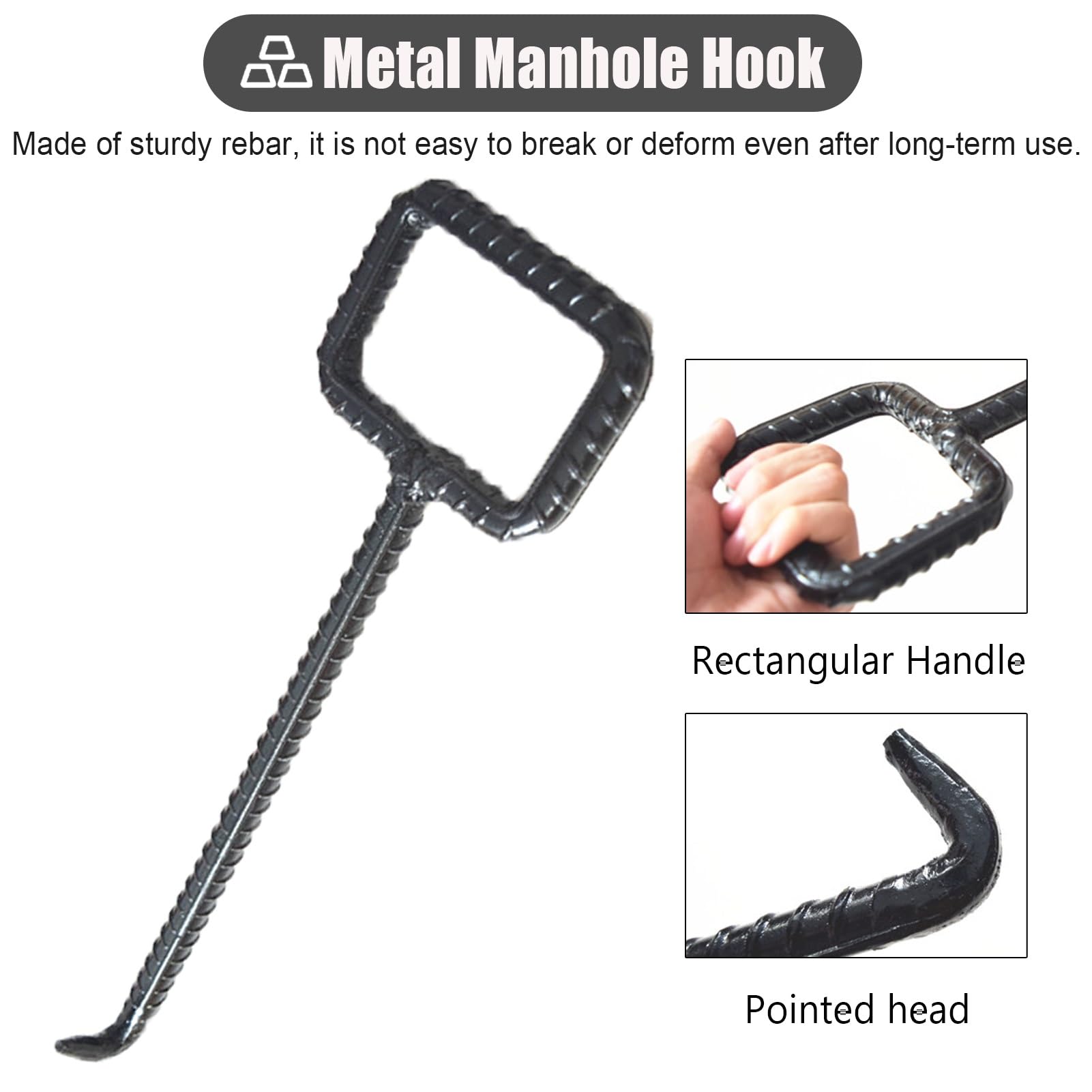 ZIMGOD Anti Skid Manhole Lifting Hook with Threaded, Single Handy Drain Grate Keys for Moving Pulling, Solid Metal Sewer Lid Lifter for Outdoor(79cm (31 1/8