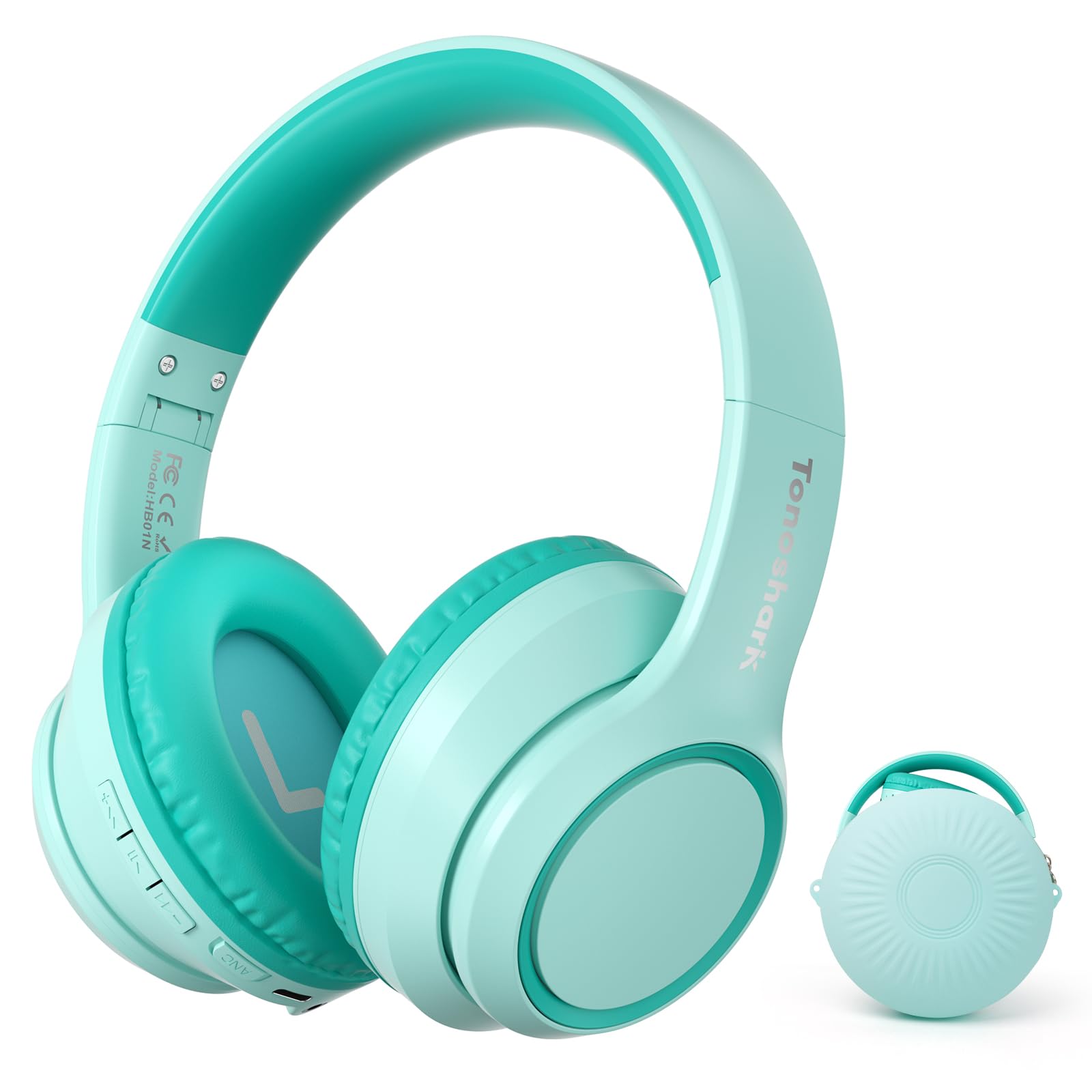 TONOSHARK Cuffie Bambini ANC, 60h Autonomia, Bluetooth Senza Fili Over-Ear con Microfono– Ideali per Casa/Scuola/Viaggi/Feste Custodia Inclusa (blu-verde)