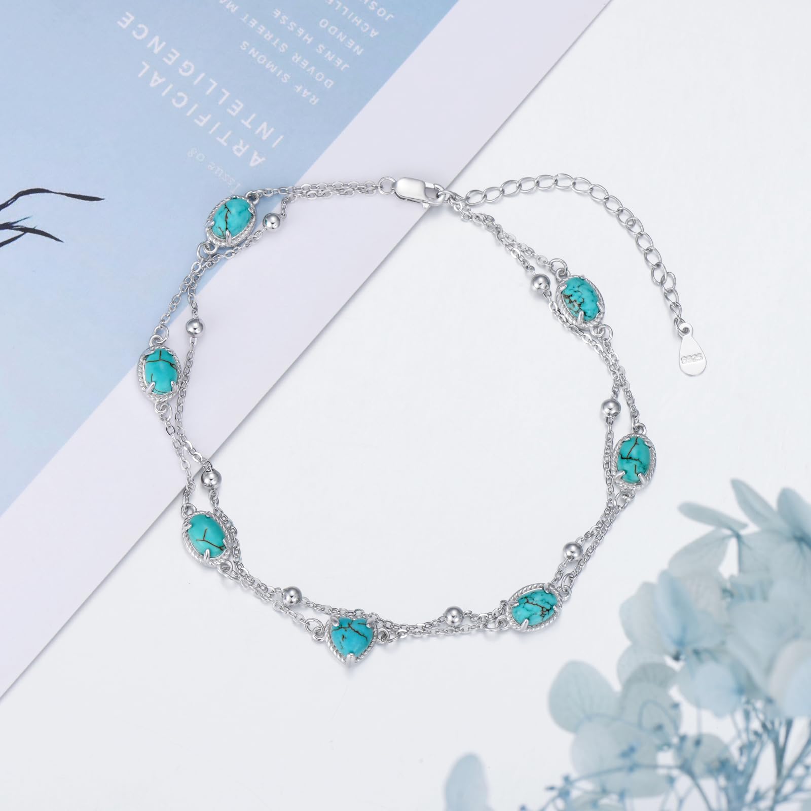 Cavigliera in turchese naturale, da donna, in argento Sterling 925, regolabile, multistrato, per la spiaggia e l'estate