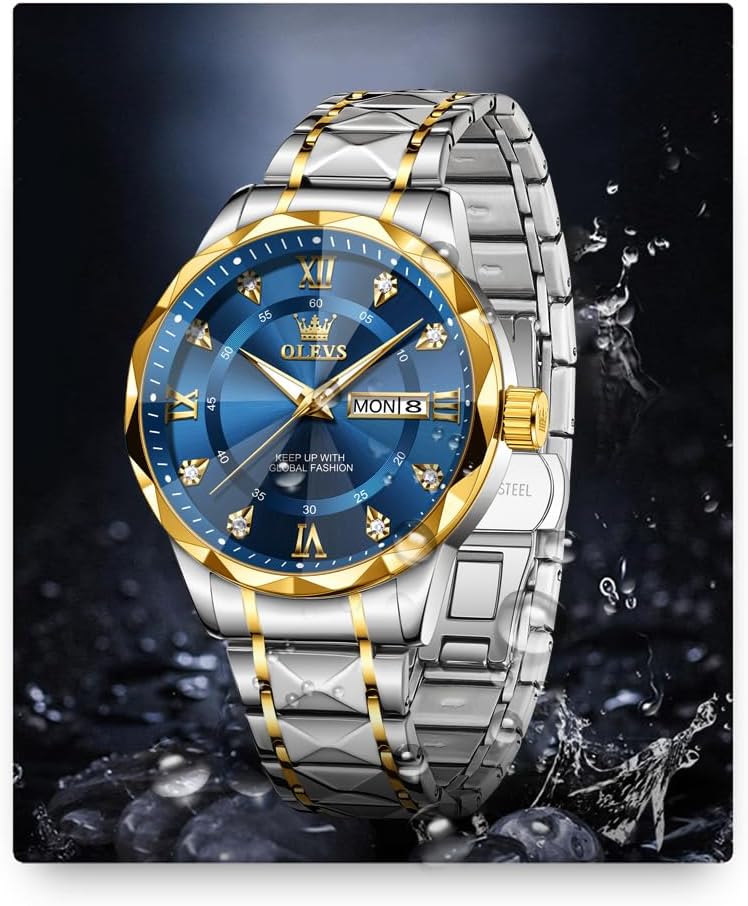 OLEVS Watches for Men Luxury Diamond Casual Large Dial Watches Stainless Steel Waterproof Business Dress Analog Luminous Date Mens Watches blue watch for men 09 image 5 of 9 B0DBPMW636