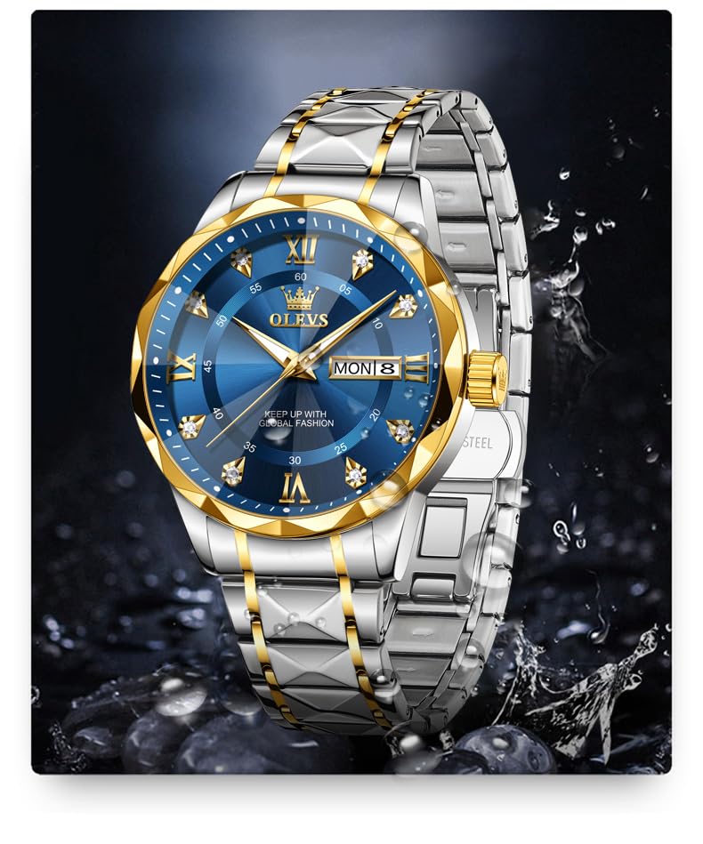 Image of OLEVS Watches for Men Luxury Diamond Casual Large Dial Watches Stainless Steel Waterproof Business Dress Analog Luminous Date Mens Watches