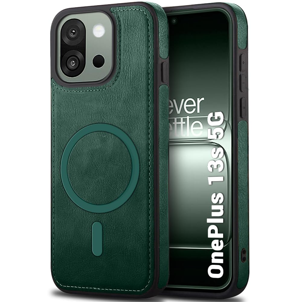TheGiftKart Genuine Leather Finish Back Cover Case for OnePlus 13s 5G | Shockproof Design | Raised Edges for Camera & Screen Protection | Stunning Minimalist Design Cover (MagSafe Compatible, Green)