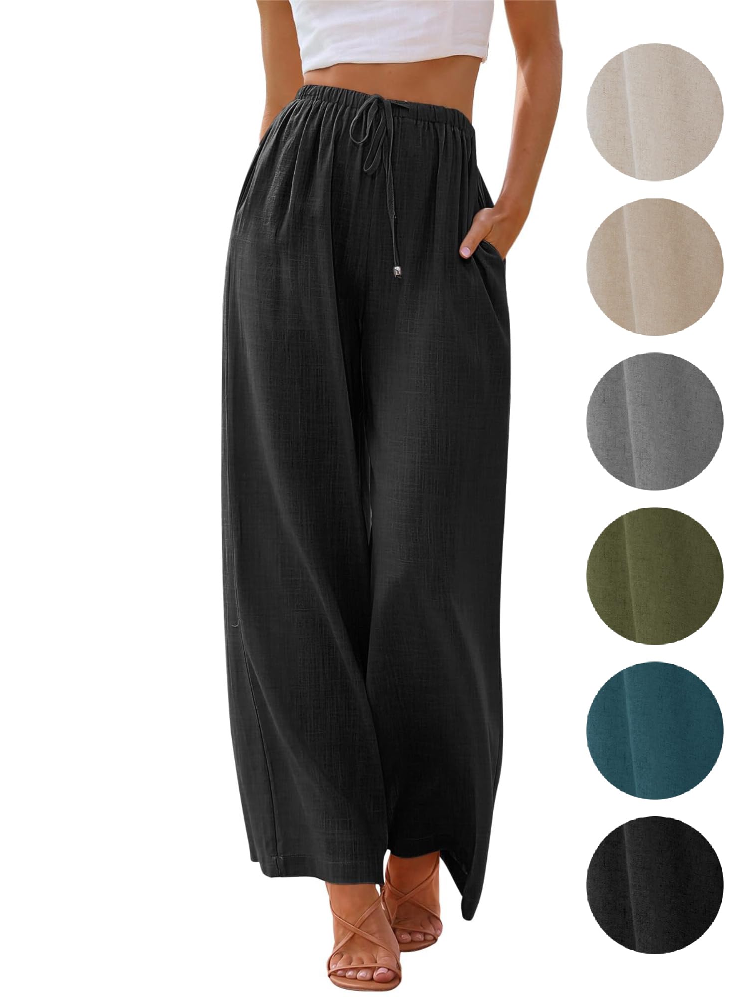 Puimentiua Sommerhose Damen Leicht,Sommer Leinenhosen,Palazzo Hose,Wide Leg Pants,Elegant Stoffhose,Luftig Sommerhosen,Women Leinen,Lockere Hosen mit Weite Bein und Tunnelzug (S-XXL)