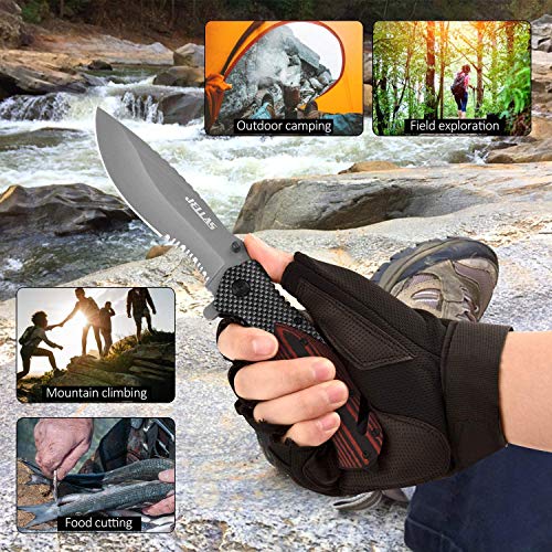 Pocket Knife For Men With 9Cr18Mov Stainless Steel, Folding Knife For Camping Hunting Hiking, Tactical Knife With Window Breaker, Seatbelt Cutter, Stocking Stuffers Christmas Gifts For Men Dad Husband #TOP3