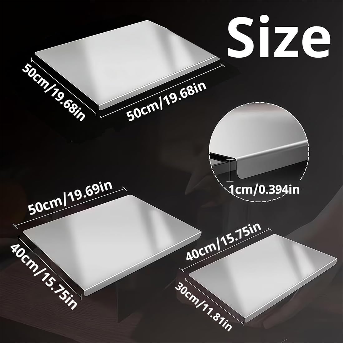 Stainless Steel Cutting Board with Lip, Large Stainless Steel Cutting Boards for Kitchen, L-Shaped Kneading Cutting Board Mats, Double-Sided Non-Stick Pads for Meat, Fruits & Baking (16")