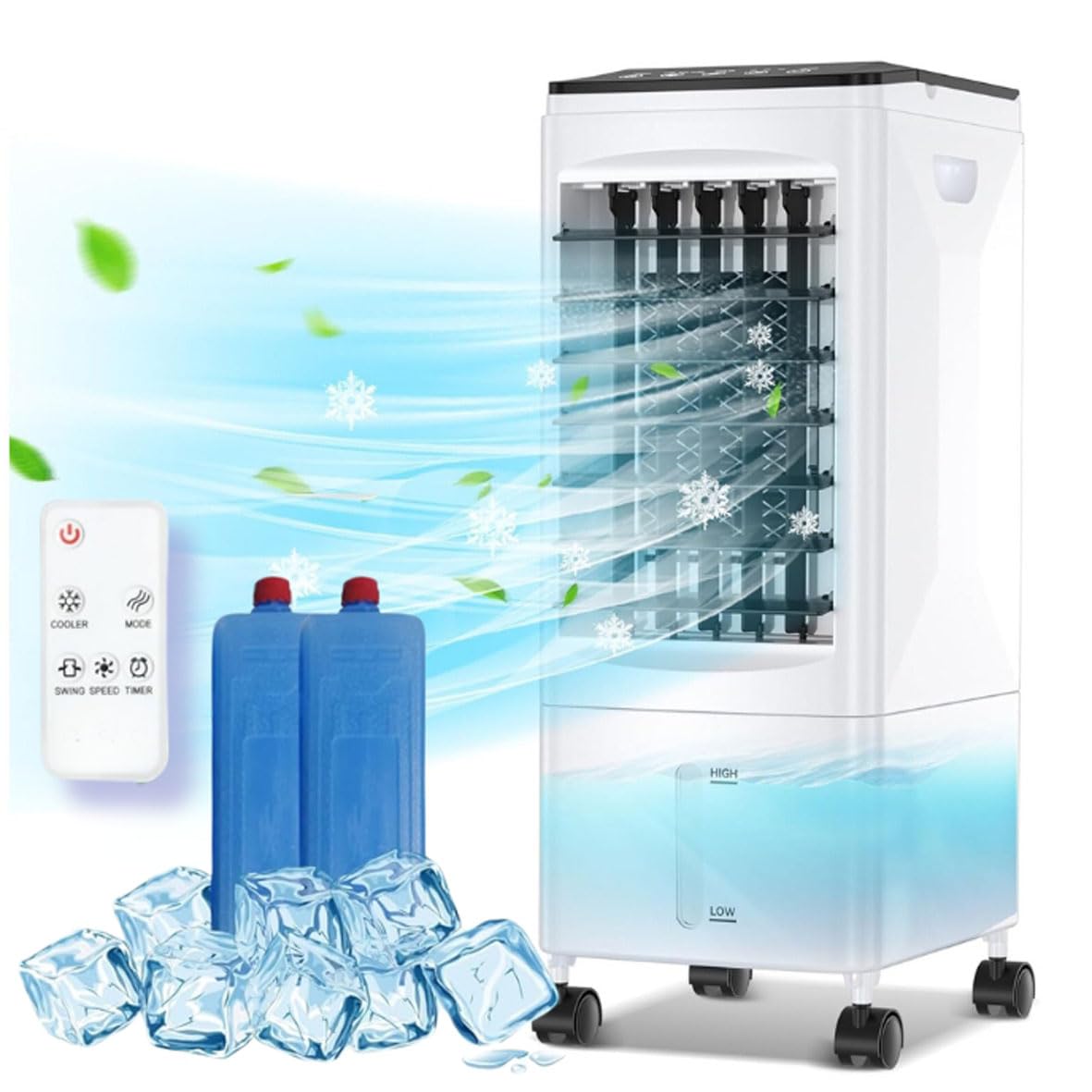 Enfriador de Aire Grande, Aire Acondicionado Portátil, Climatizador Evaporativo 60W con 6L Tanque, 1-7 H Temporizadores, 3 Velocidades con Ruedas y Control Remoto para Hogar Oficina