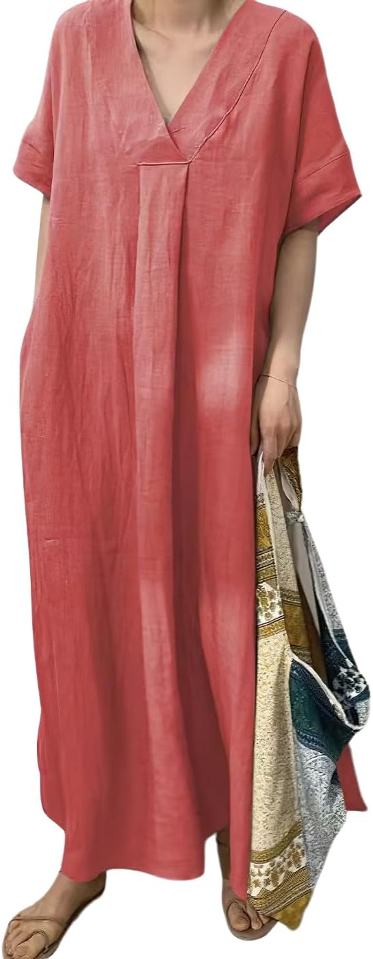 chouyatou Women's Summer Casual Loose Cotton Linen Dress Short Sleeve Long Maxi Dress with Pockets