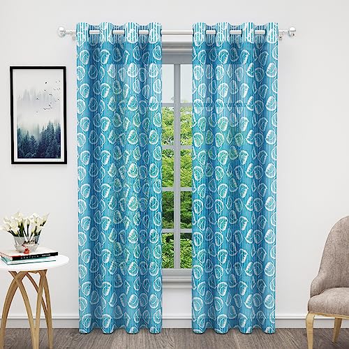 Image of Curtains 7 feet Long Set of 10 | Blue Transparent Sheer Curtain | Room Decoration Items for Bedroom | 215 x 118 cm | Leaf Design Door Curtain | | Perfect for Home Decor