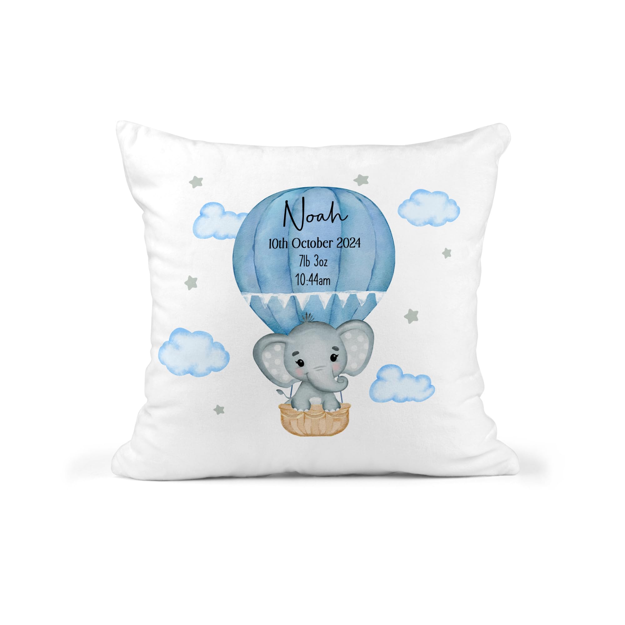 Chicken Craft Personalised Baby Birth Announcement Cushion - Blue Hot Air Balloon Elephant Keepsake