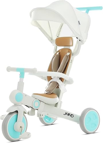 Triciclo para bebé, 7 en 1 multifuncional para niños con mango ajustable para padres, arnés de seguridad y frenos de rueda, toldo extraíble,