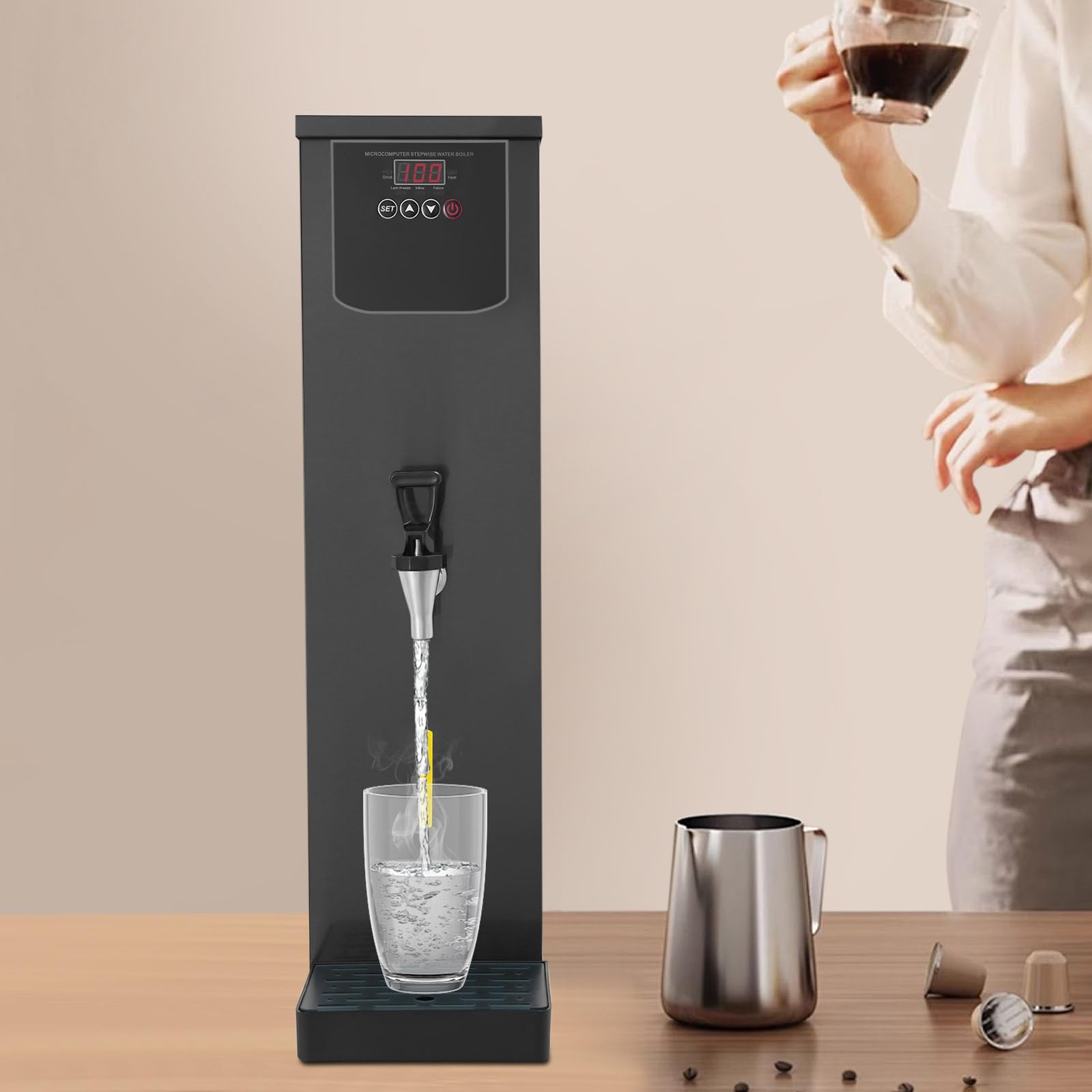 Commercial Water Boiler 30L(7.93GAL), Step-Heating Electric Countertop Dispenser, AdjustableTemperature Control 86°F-206°F, for Caterers, Restaurants, Schools, Offices, 3000W