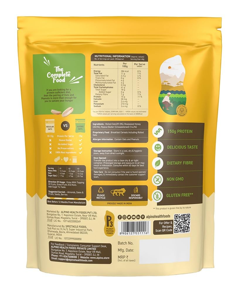 Image of ALPINO High Protein Super Rolled Oats Honey 1KG - Rolled Oats, Natural Peanut Butter & Honey - 15g Protein, Salt, Gluten-Free