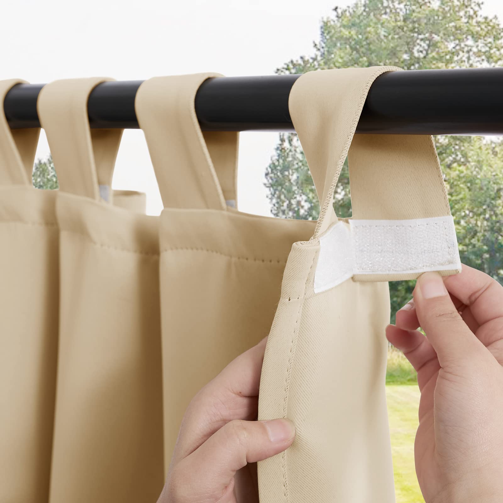 PONY DANCE Outdoor Gardinen Wetterfest 2er Set H 213 x B 132 cm Outdoor Vorhang mit Klett-Schlaufen wasserdichte Outdoorvorhänge Sonnenschutz für Terrasse, Biscotti Beige