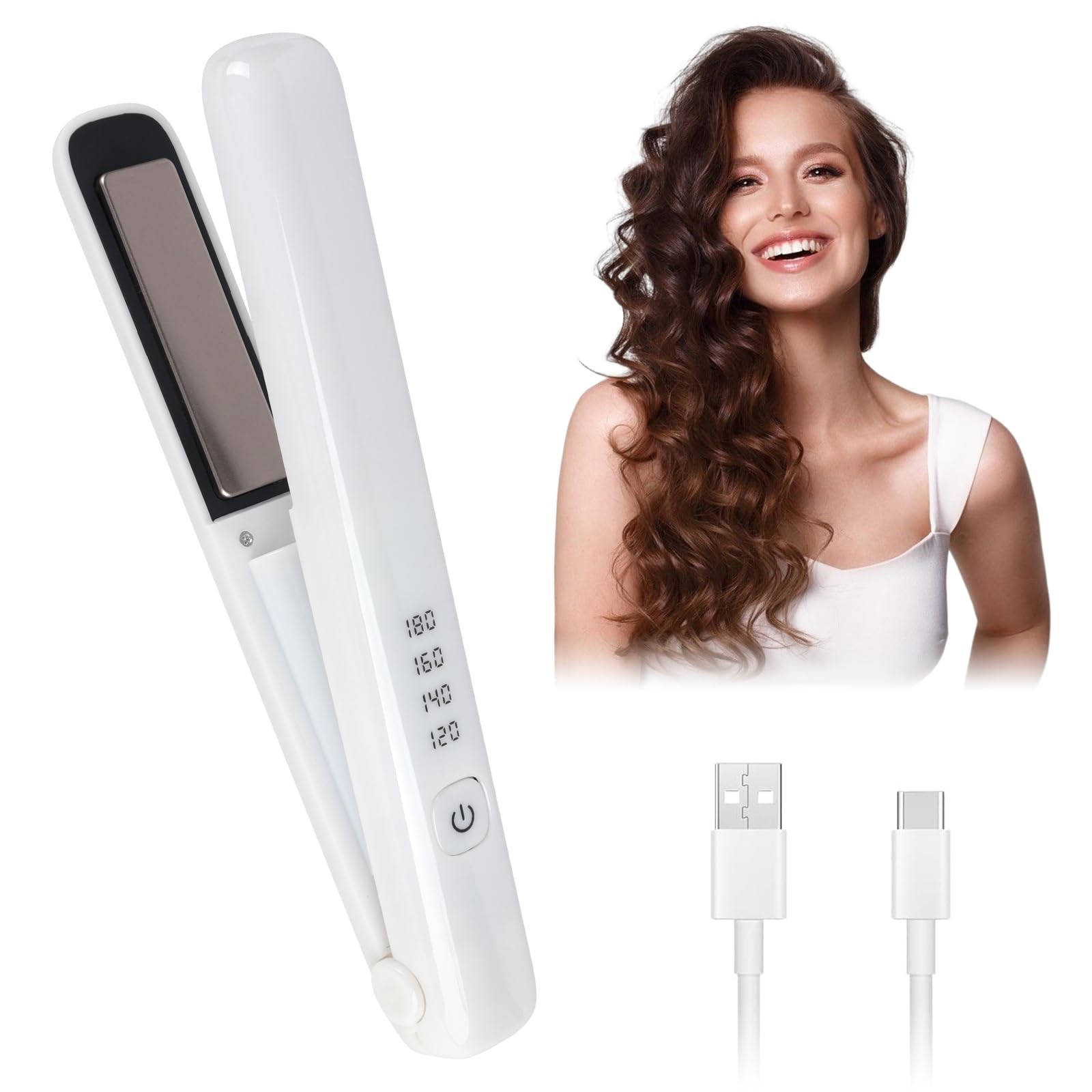 Hojalis Plancha Pelo Mini, 2 En 1 Mini Plancha Pelo Inalámbrica, Plancha Pelo Viaje, Mini Plancha Pelo, Mini Plancha Pelo Viaje USB, Batería de 3000mAh, Plancha De Pelo Viaje, Blanco