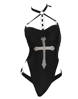 MEOWCOS Gothic Black Swimsuit Halter Cross Pattern Cutout