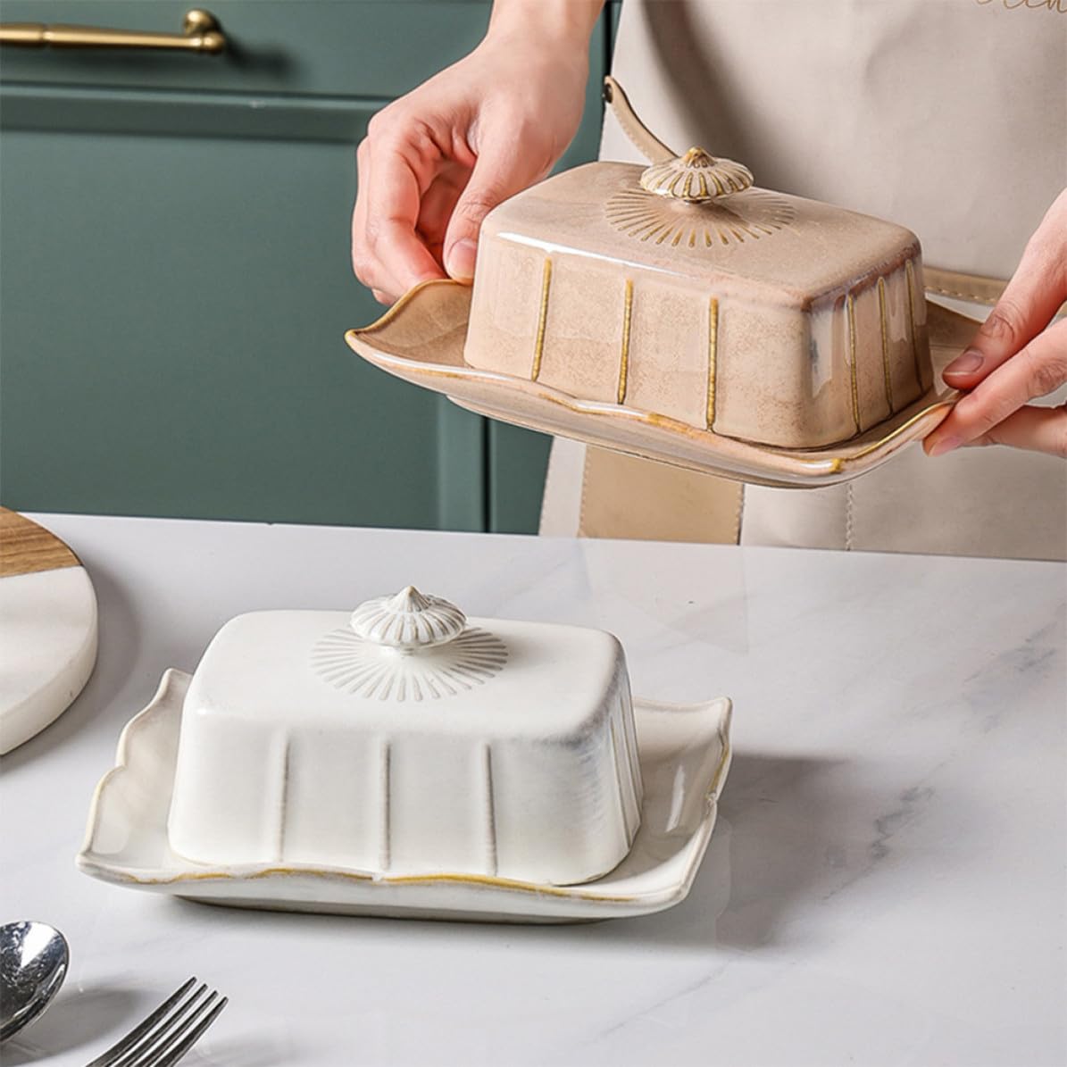 Healeved Plateau à Beurre Réduisant Odeurs Réfrigérateur avec Couvercle Khaki en Céramique Accessoire la Cuisine Polyvalent pour Hôtels et Restaurants