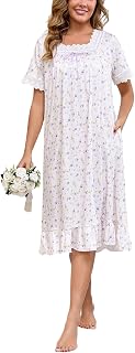 Rubehoow Nachthemd für Damen, viktorianisches Nachthemd, Vintage, kurzärmelig, Pyjama-Kleid, weiche Baumwolle, Lounge-Kleid, Nachtwäsche S-3XL