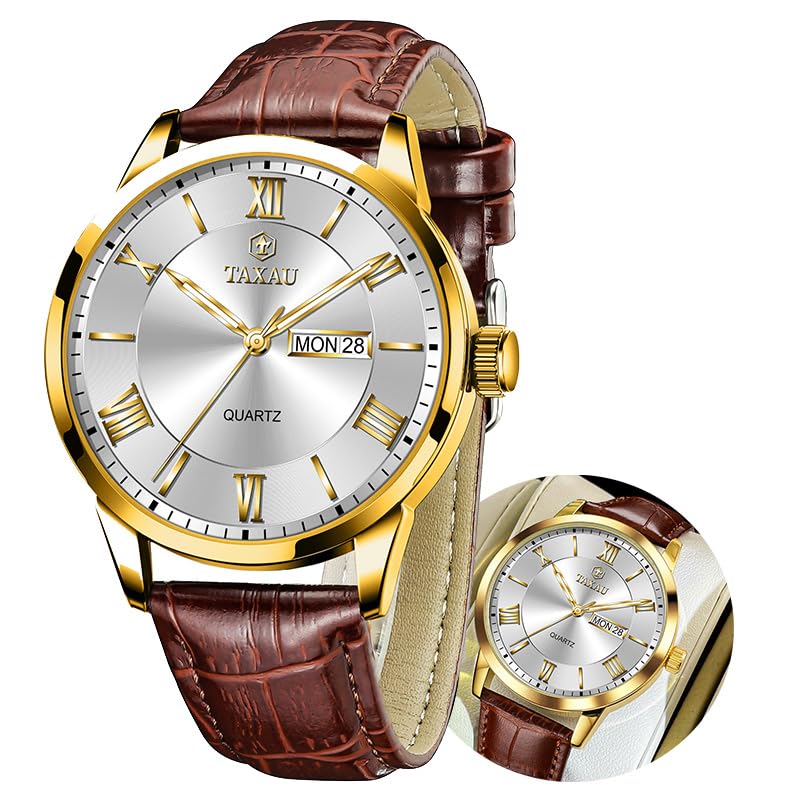 Taxau Klassische Lederuhren für Männer Analog Quartz Big Dial Luxus Armbanduhren Wasserdicht Luminous Day Date Reloj para Hombre