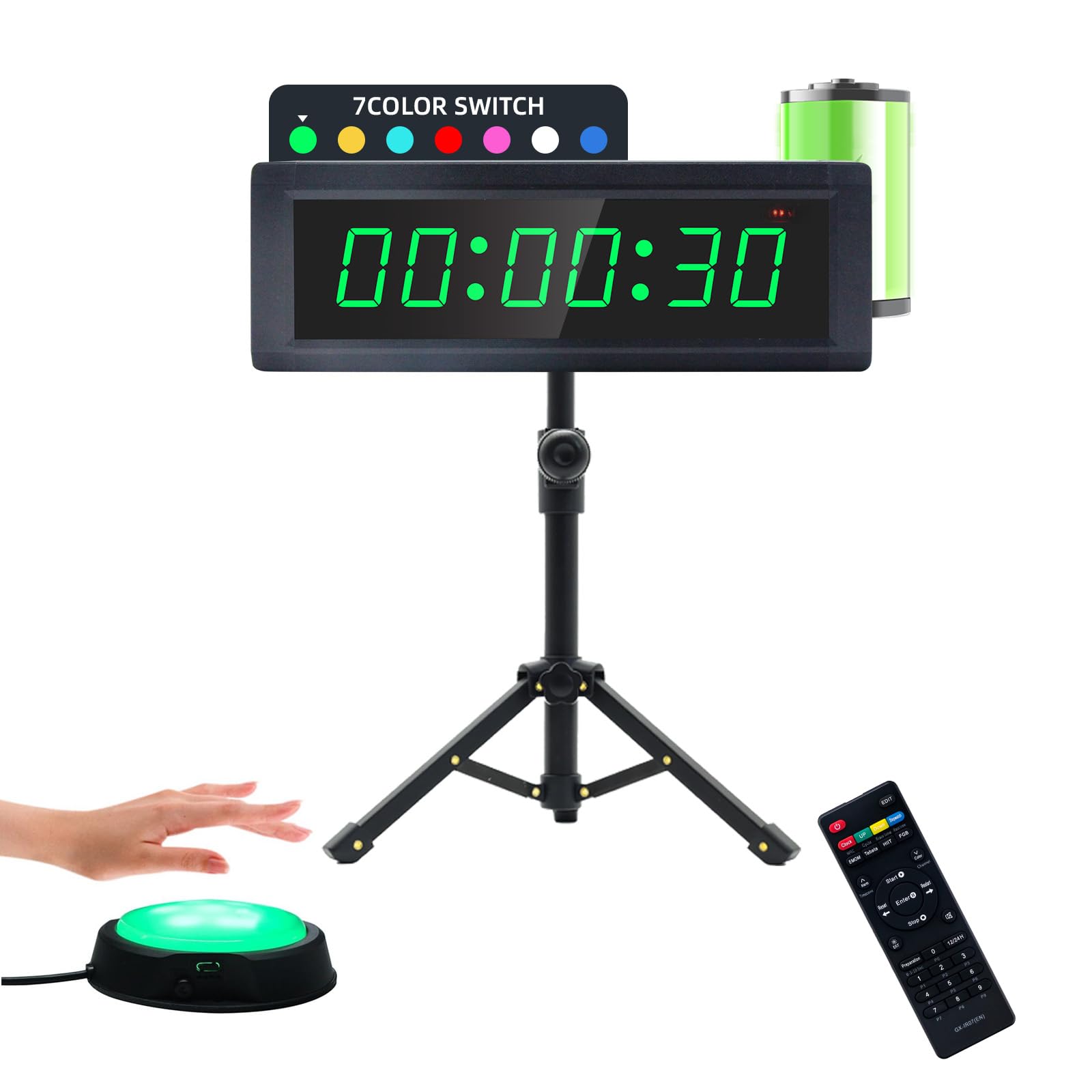 LUCKY TIME Gym Timer, Battery Powered Interval Timer with 7-Colour LED Display, Remote Control & Button & Stand, HIIT TABATA EMOM, Countdown/Up Stopwatch,Wall Mount or Tabletop for Home Gym Garage
