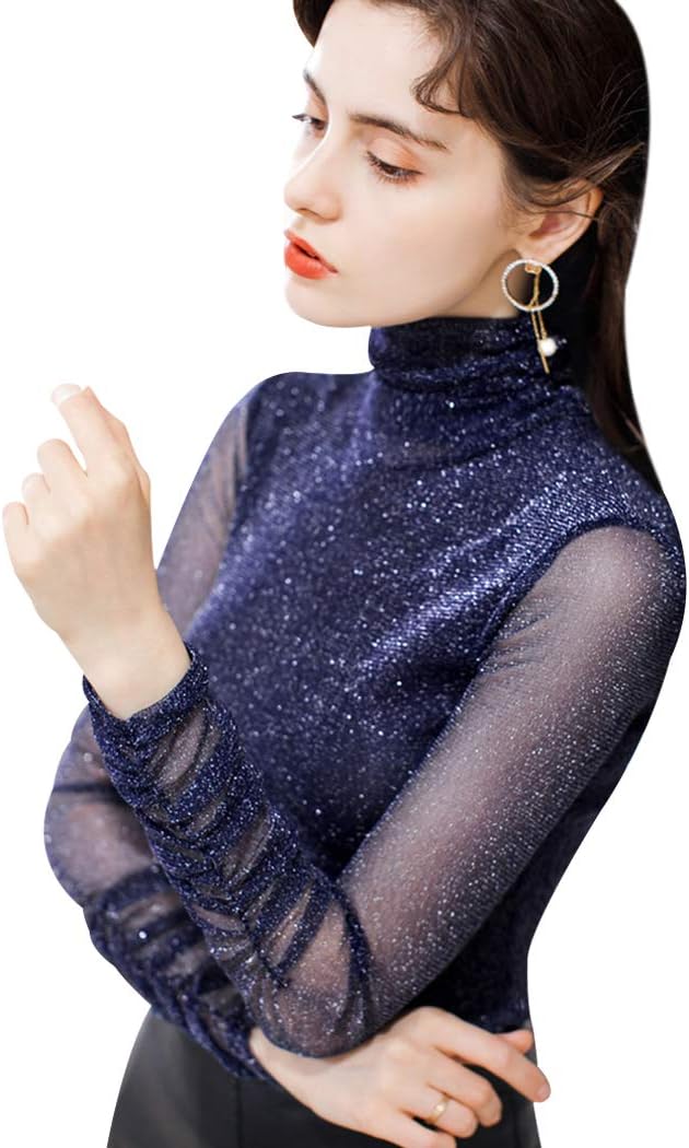 Women's Turtleneck Top Long Sleeve Slim Fit Shirts Mesh Sheer See Through Casual Top - Image 2
