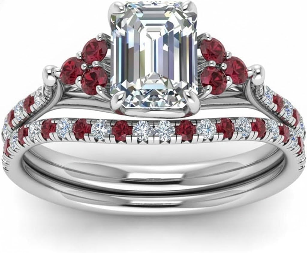 Choose Your Gemstone Emerald Cut Petite Cathedral Wedding Ring Set Sterling Silver Emerald Shape Wedding Ring Sets Minimal Modern Design Birthday Gift Wedding Gift US Size 4 to 12